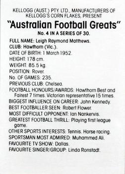 1981 Kellogg's Australian Football Greats #4 Leigh Matthews Back